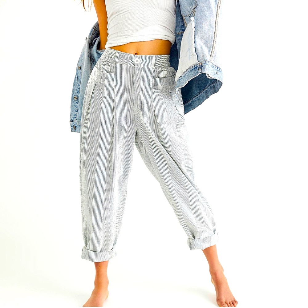 Free People Make A Stand blue and white striped high waisted trousers